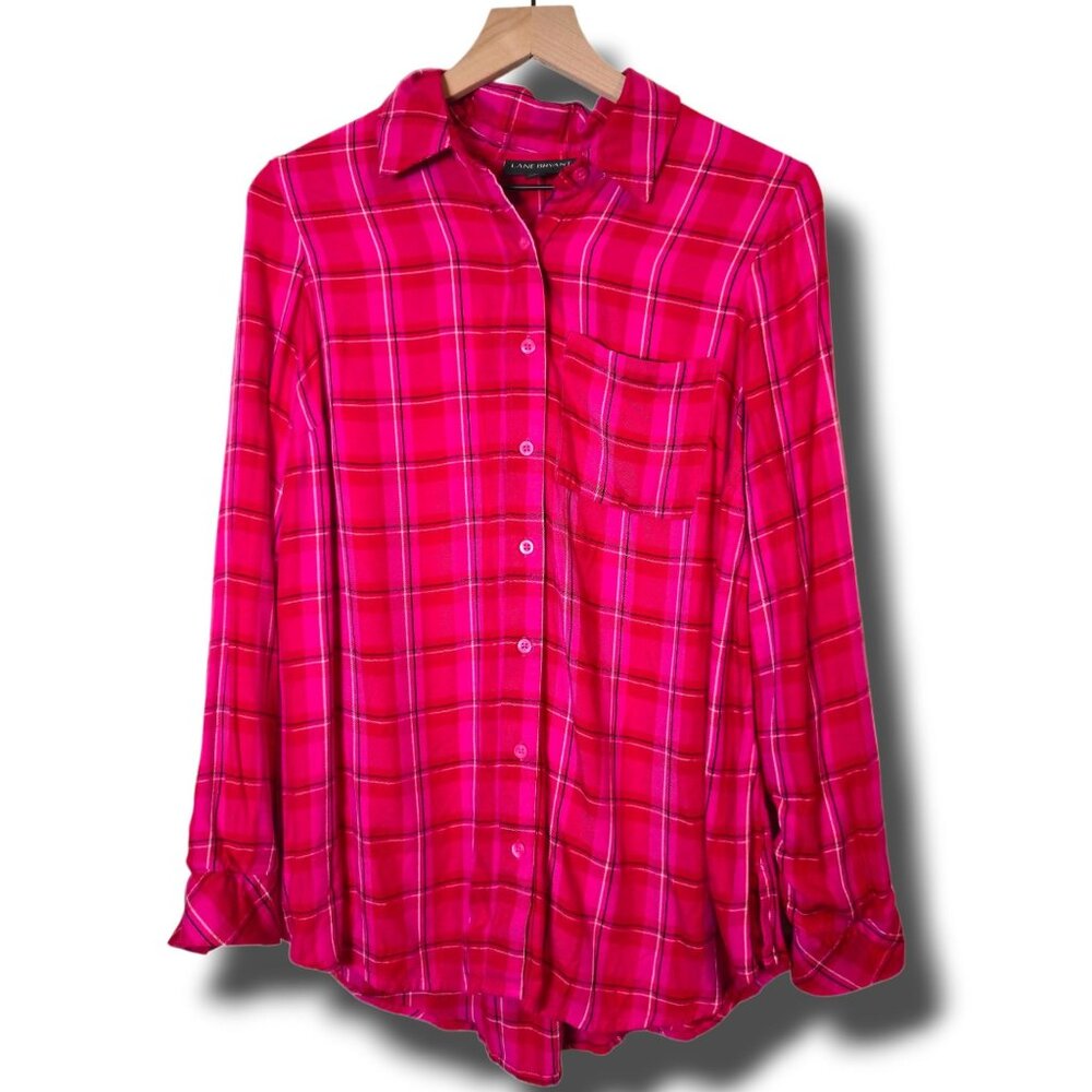 Lane Bryant button-up shirt womens 10/12 red/pink plaid long-sleeve rayon